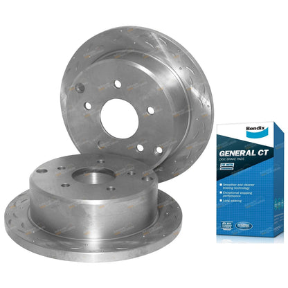 2 Rear Slotted Dimpled Disc Rotors + Brake Pads for Commodore (1997–2006)