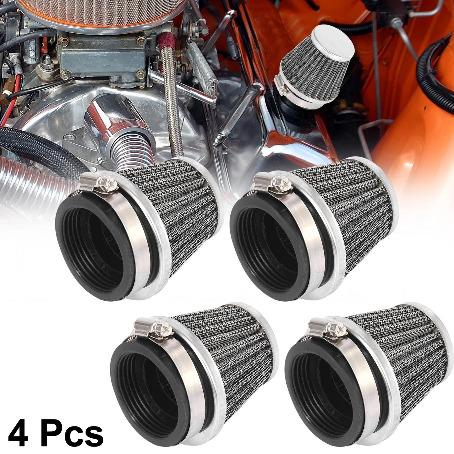 Set of 4 Universal 50mm Motorcycle Air Filters Round Tapered Black