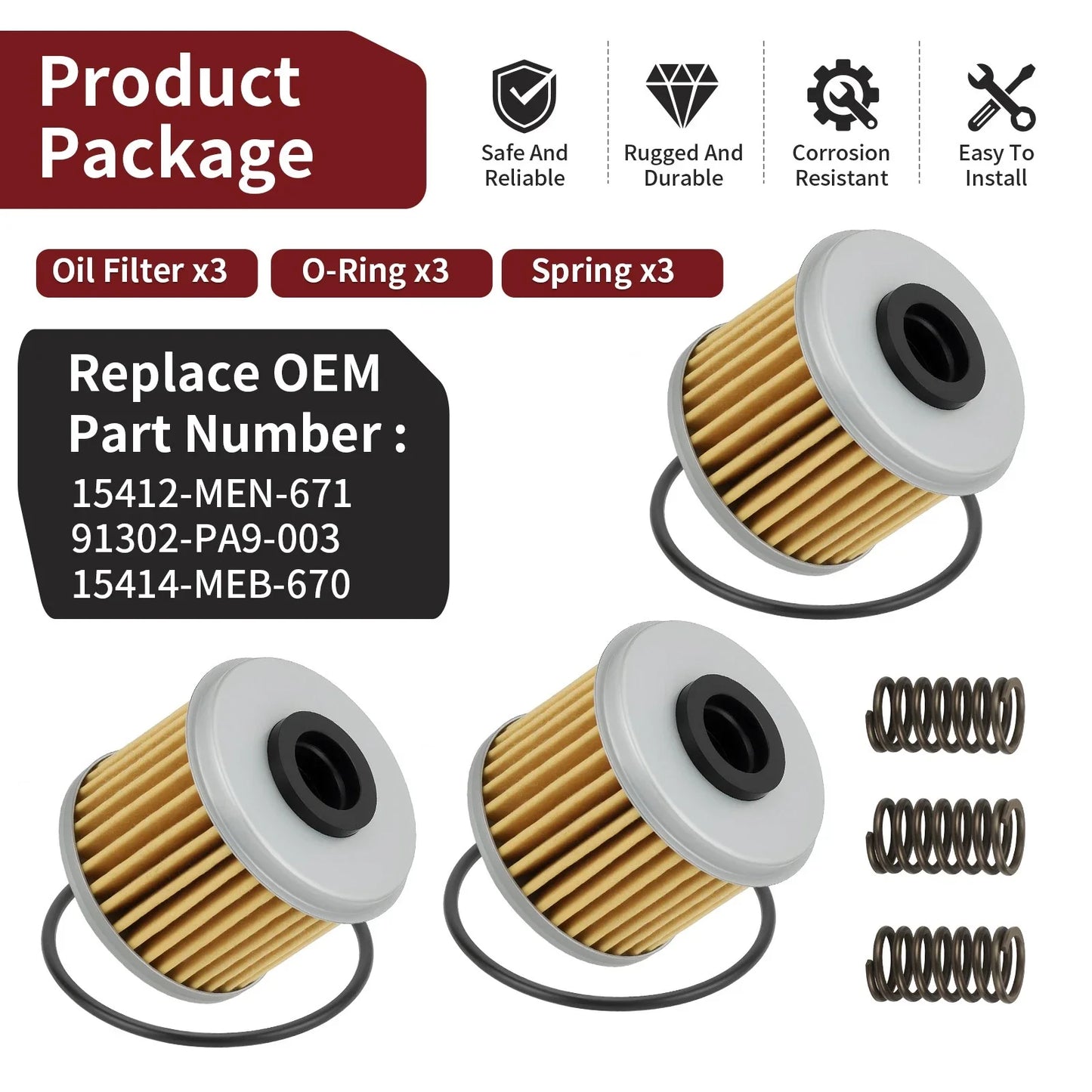 3 x Oil Filter & O-Ring Spring for Honda CRF450RWE CRF450RX CRF450X (2002–2024)