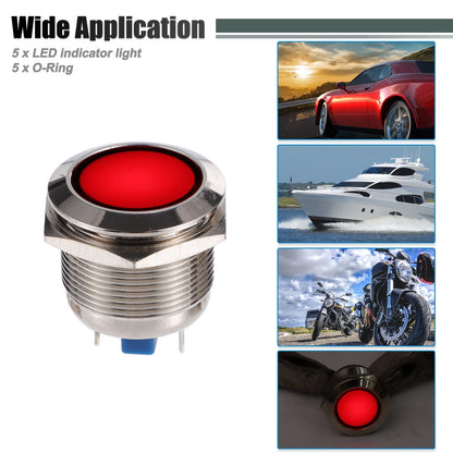 5 Pcs 22mm LED Waterproof Pilot Indicator Signal Light for Universal