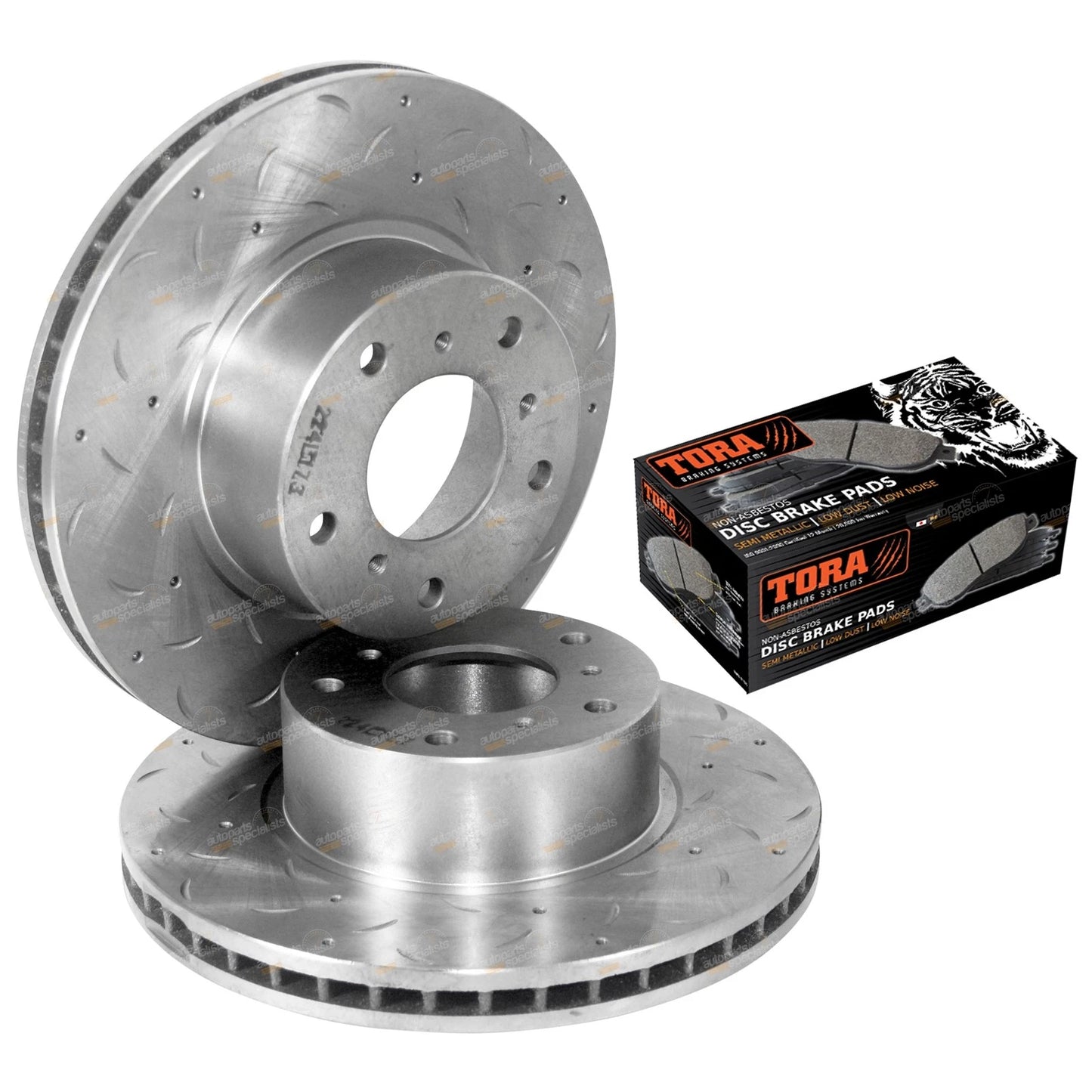2 Front Slotted Dimpled Brake Rotors + Pads for Commodore VT-VZ (1997–2006)