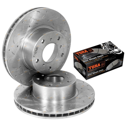 2 Front Slotted Dimpled Brake Rotors + Pads for Commodore VT-VZ (1997–2006)