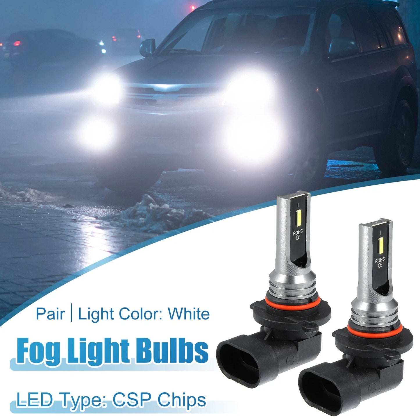 Set of 2 9005 LED Fog Light Bulbs for Auto Car (CSP Chips, White)