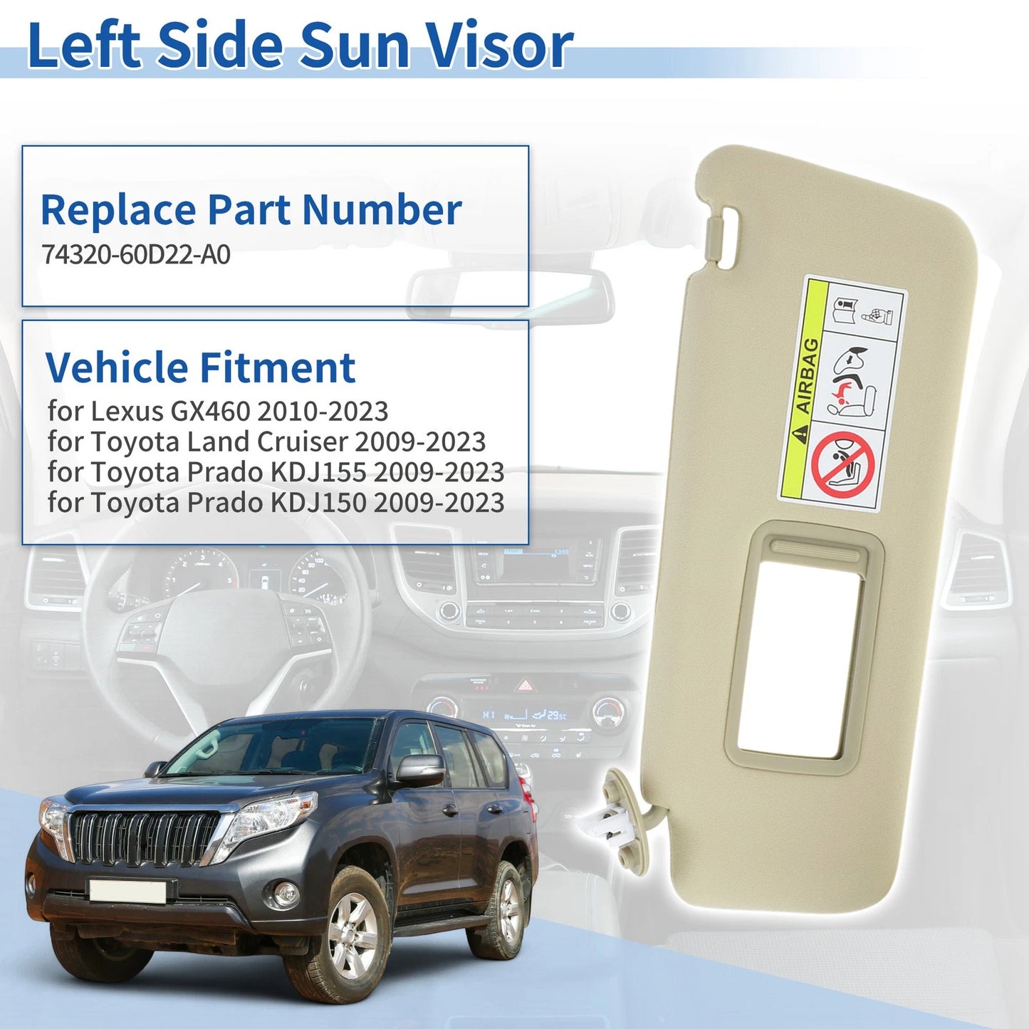 Left Side Sun Visor for Lexus GX460 (2010–2023) No. 74320-60D22-A0 Beige