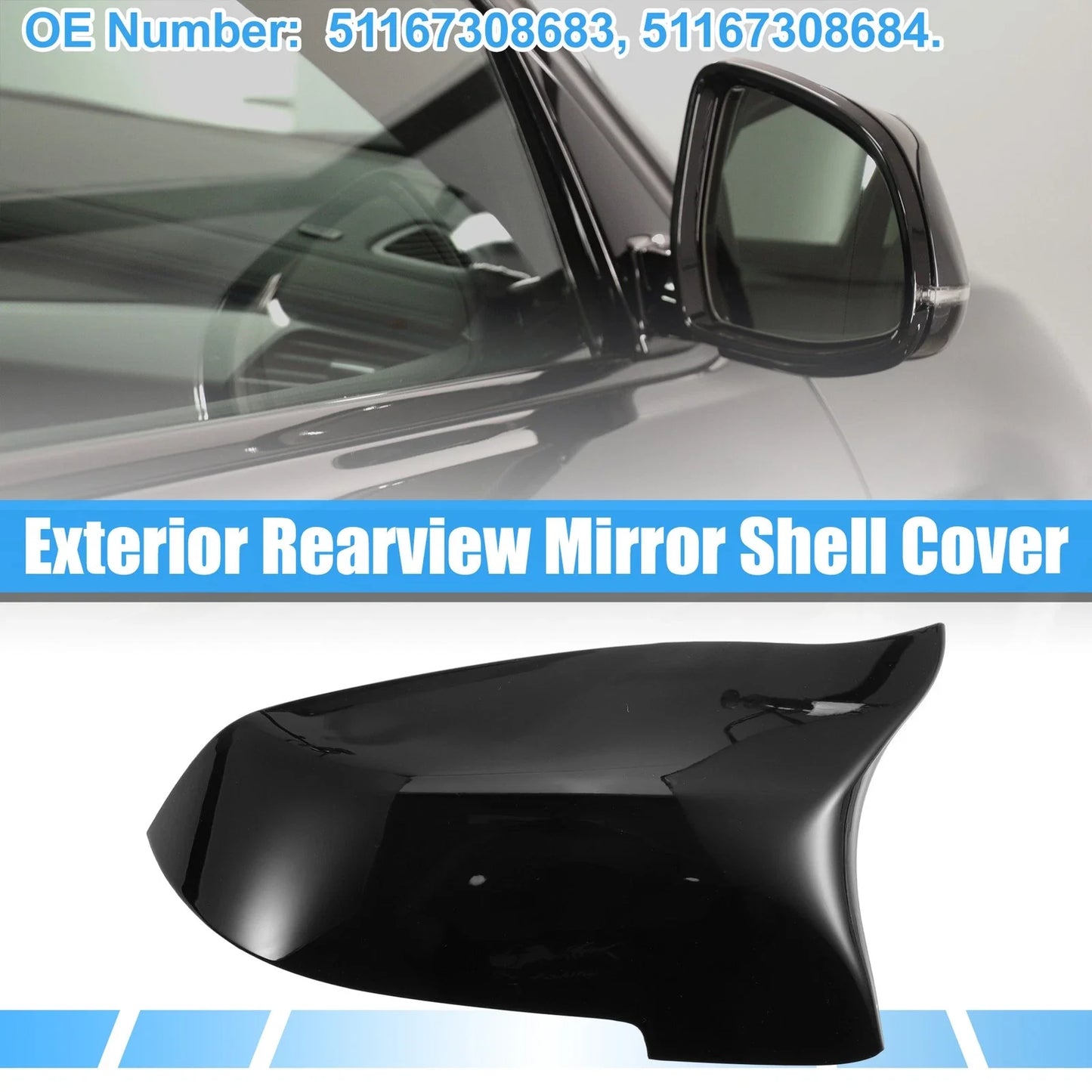 Rear View Mirror Cover Shell Trim for BMW 528i Bright Black