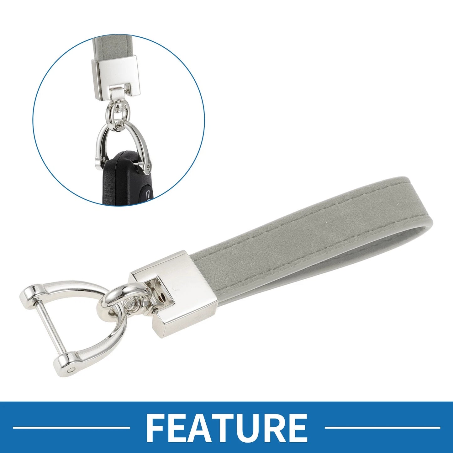 Set of 1 Faux Leather Car Keychain with Ring - Light Gray/Silver Tone