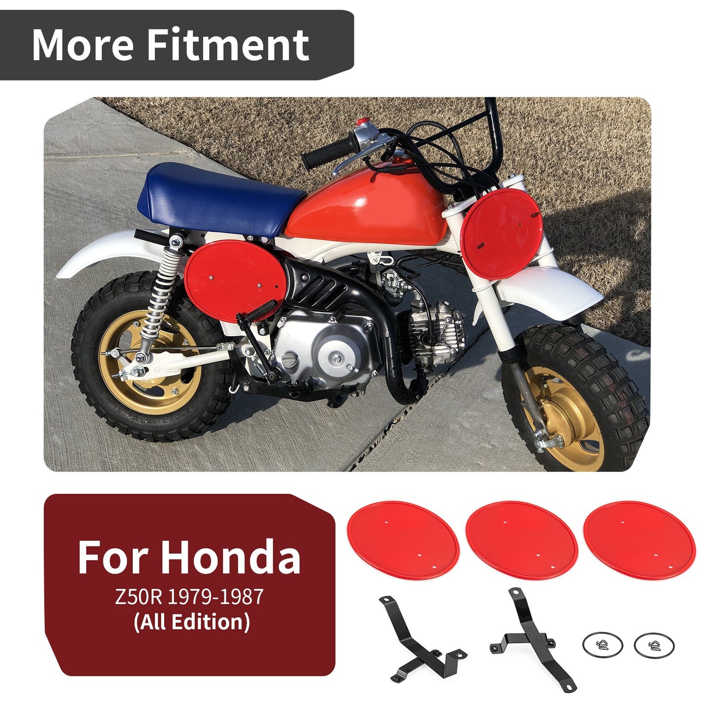 3 Red Number Plate Kit for Honda Z50 Z50R (1979–1987) with Brackets