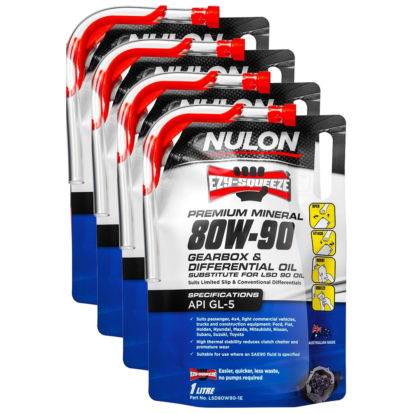 Set of 4 Nulon EZY-SQUEEZE Gearbox Differential Oil 80W90 for LSD