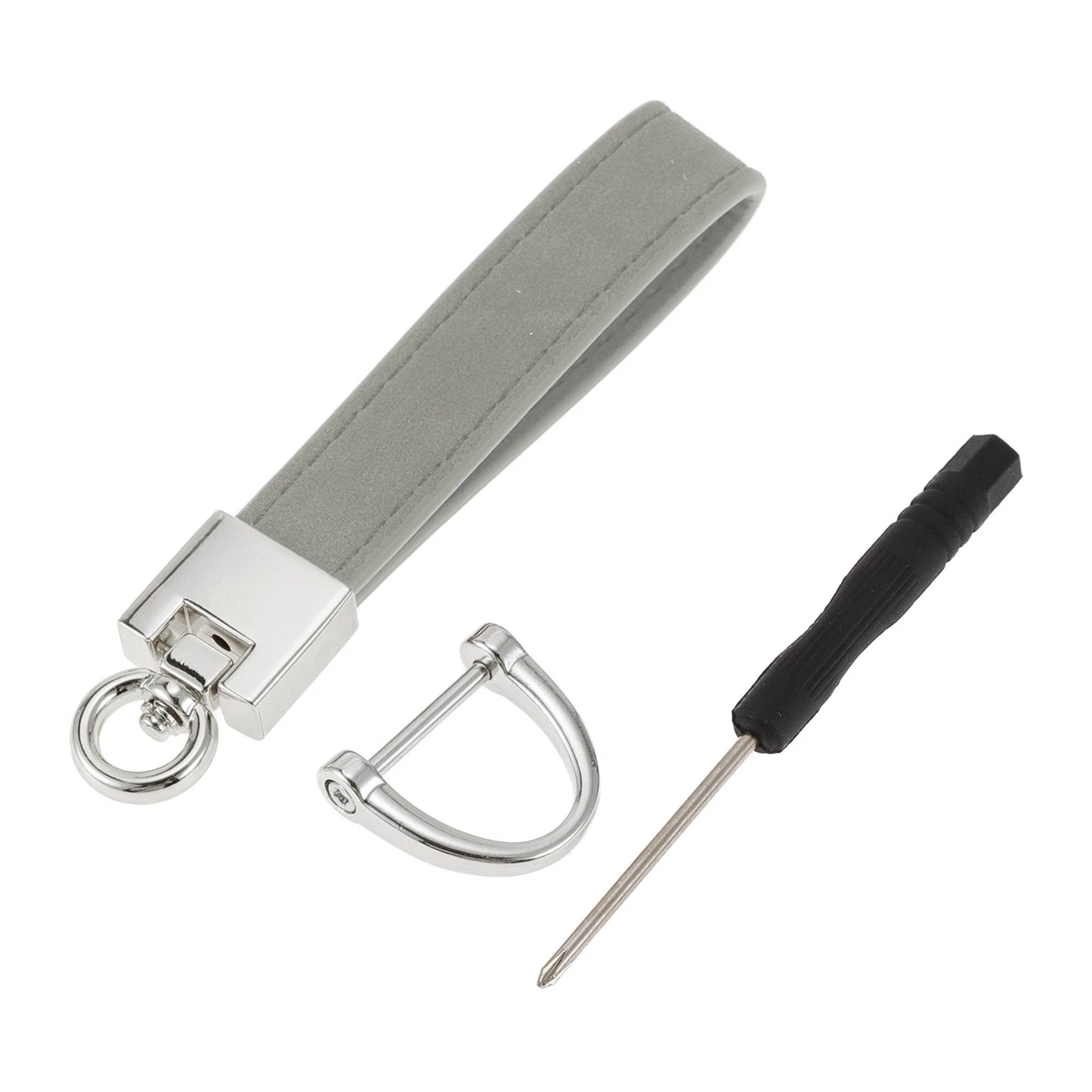 Set of 1 Faux Leather Car Keychain with Ring - Light Gray/Silver Tone