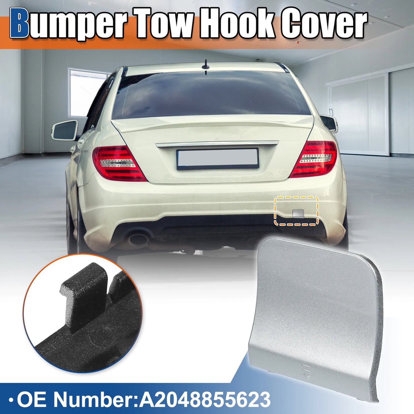 Rear Car Bumper Tow Hook Cover for Mercedes-Benz (A2048855623) Silver Tone