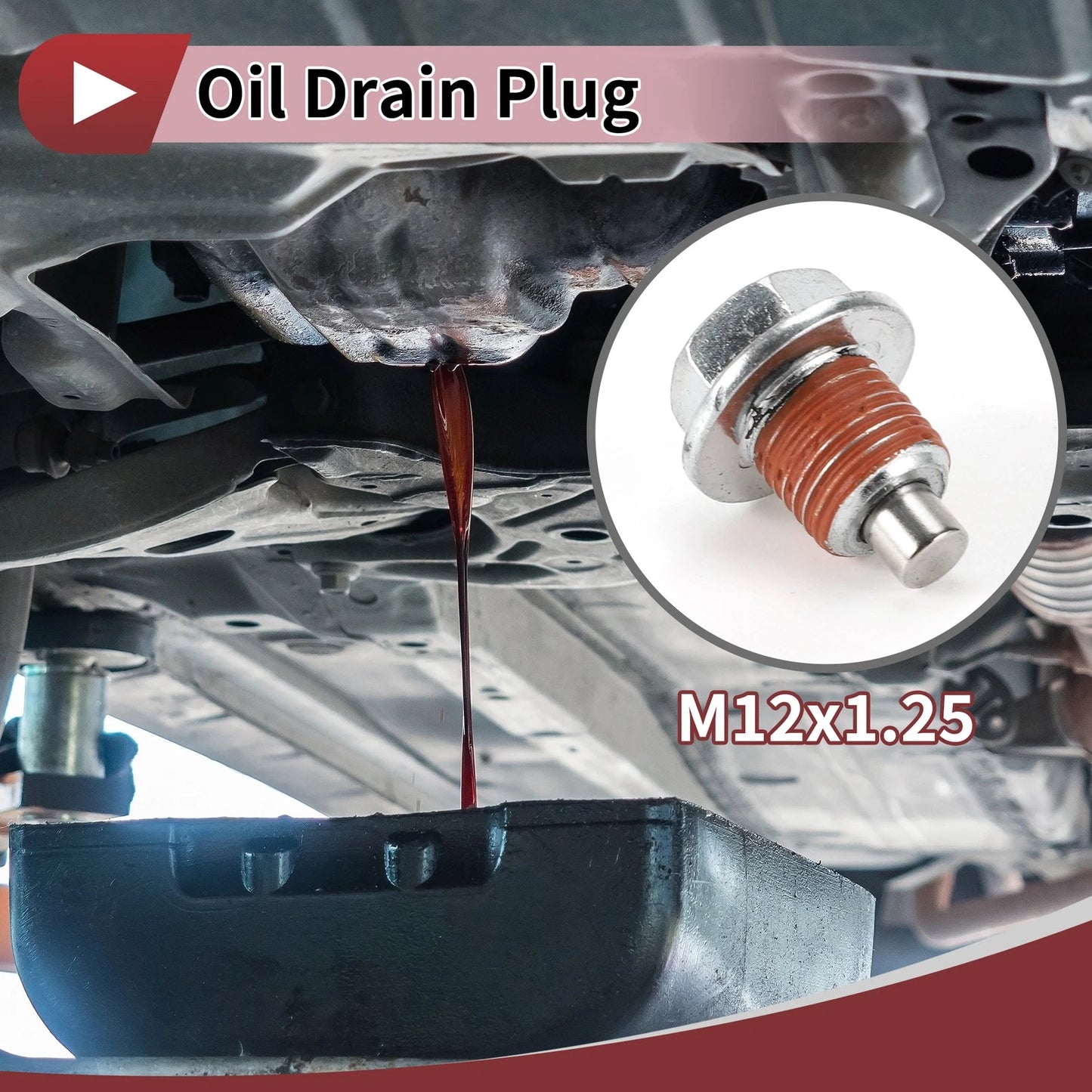 Set of 1 Metal Oil Drain Plug for Nissan Infiniti (No. 1102601M02) Red Silver Tone