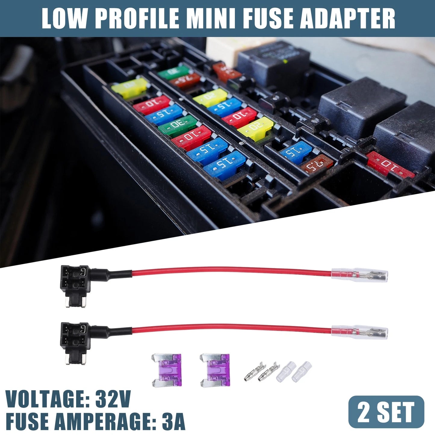 32V Low Profile Mini Fuse Adapters with 3A Fuses for Car