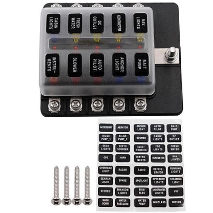 10-Way Blade Fuse Holder Box with LED Indicator for Marine 12V (N/A)