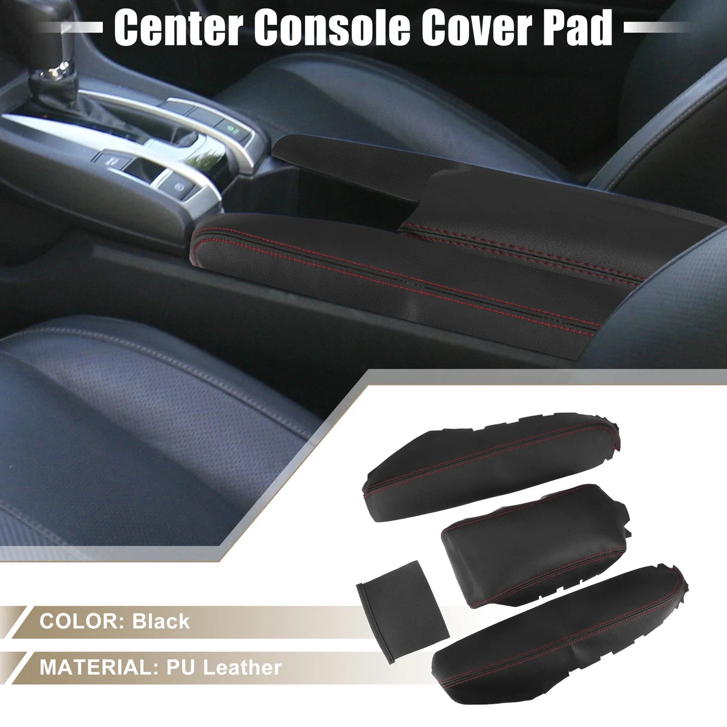 Black Armrest Protector Cover Pad with Red Stitches for Honda Civic (2016-2021)