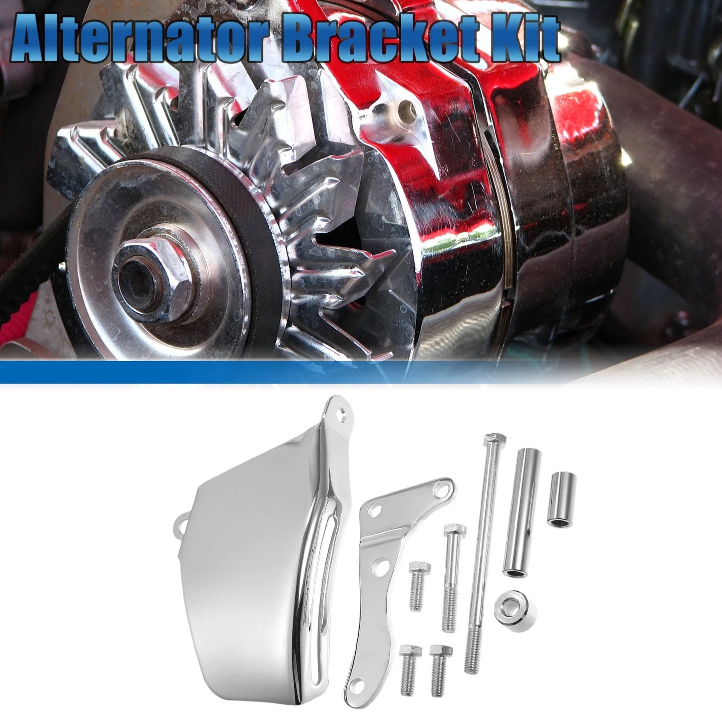 Polished Long Water Pump Alternator Bracket Kit for Chevy SBC 305 (1976–1986)