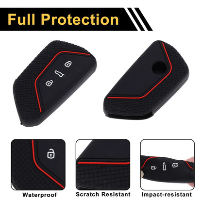 Silicone Car Key Case for VW Golf 8 (2020–Present) - Black Red - 3 Buttons