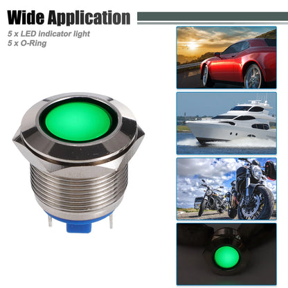 5 Pcs 19mm LED Waterproof Pilot Indicator Signal Light for Universal