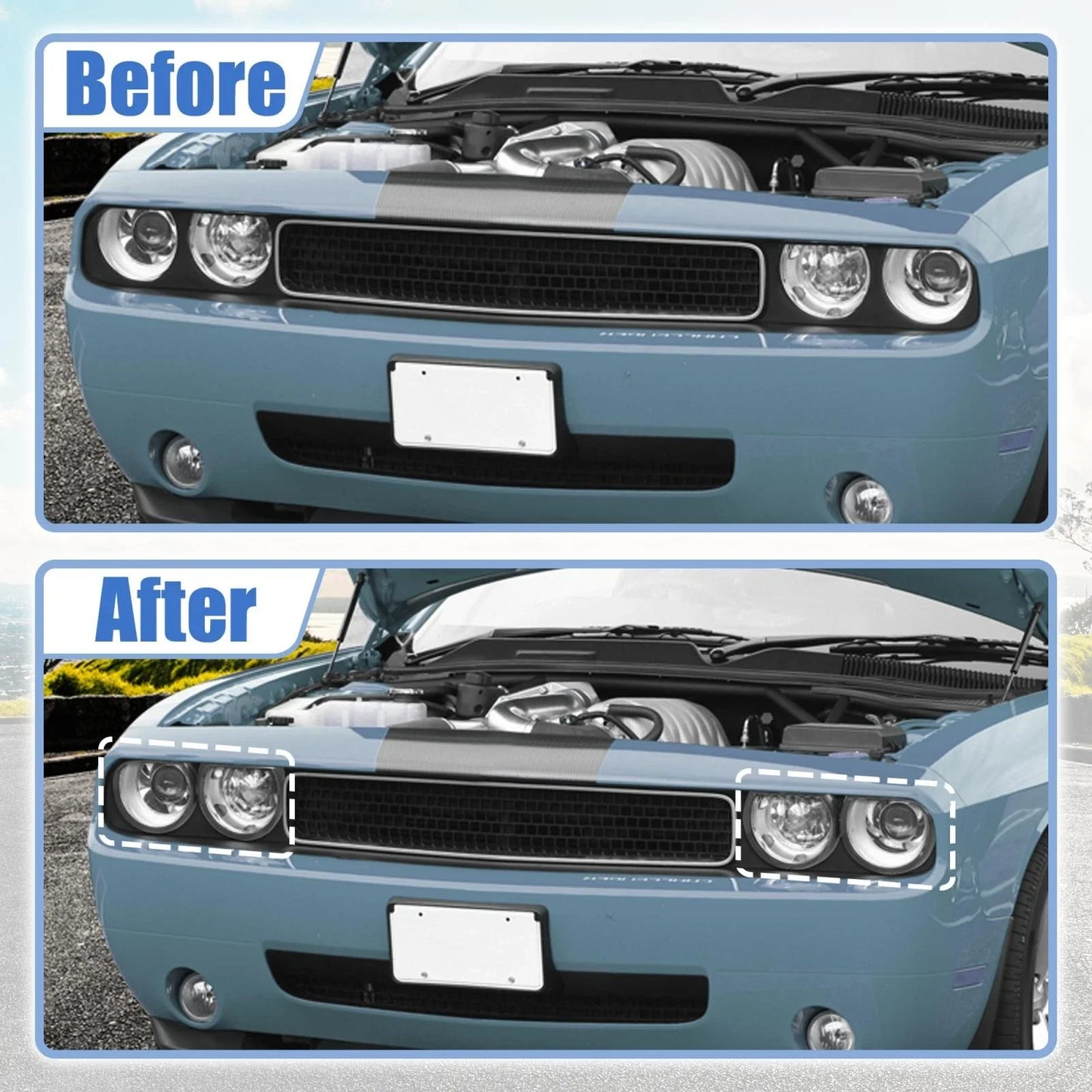 4 x Front Black Headlight Covers for Dodge Challenger (2015-2023)