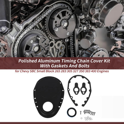 Polished Aluminum Timing Chain Cover Kit with Gaskets & Bolts for Chevy SBC (1960–2002)