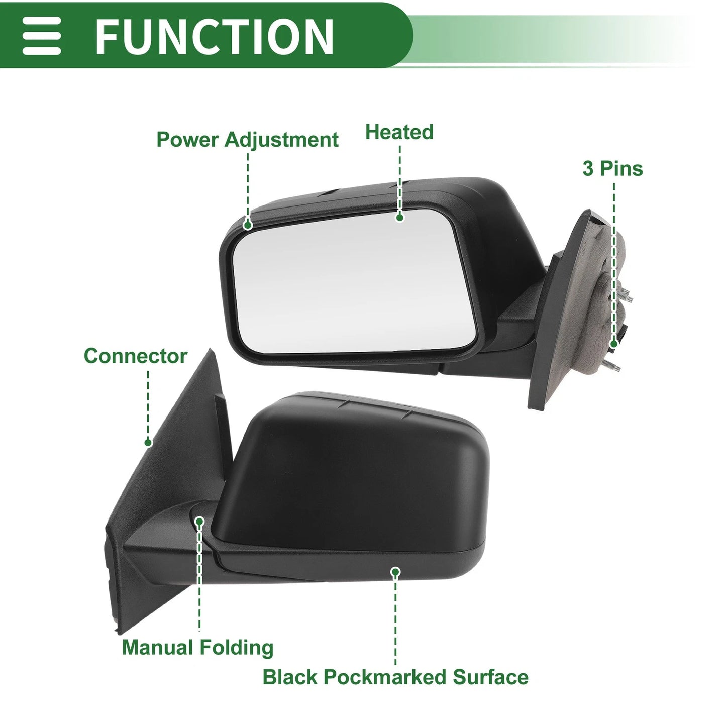 3 Pins Left Passenger Side Door Mirror for Ford Edge (2008) Power Heated