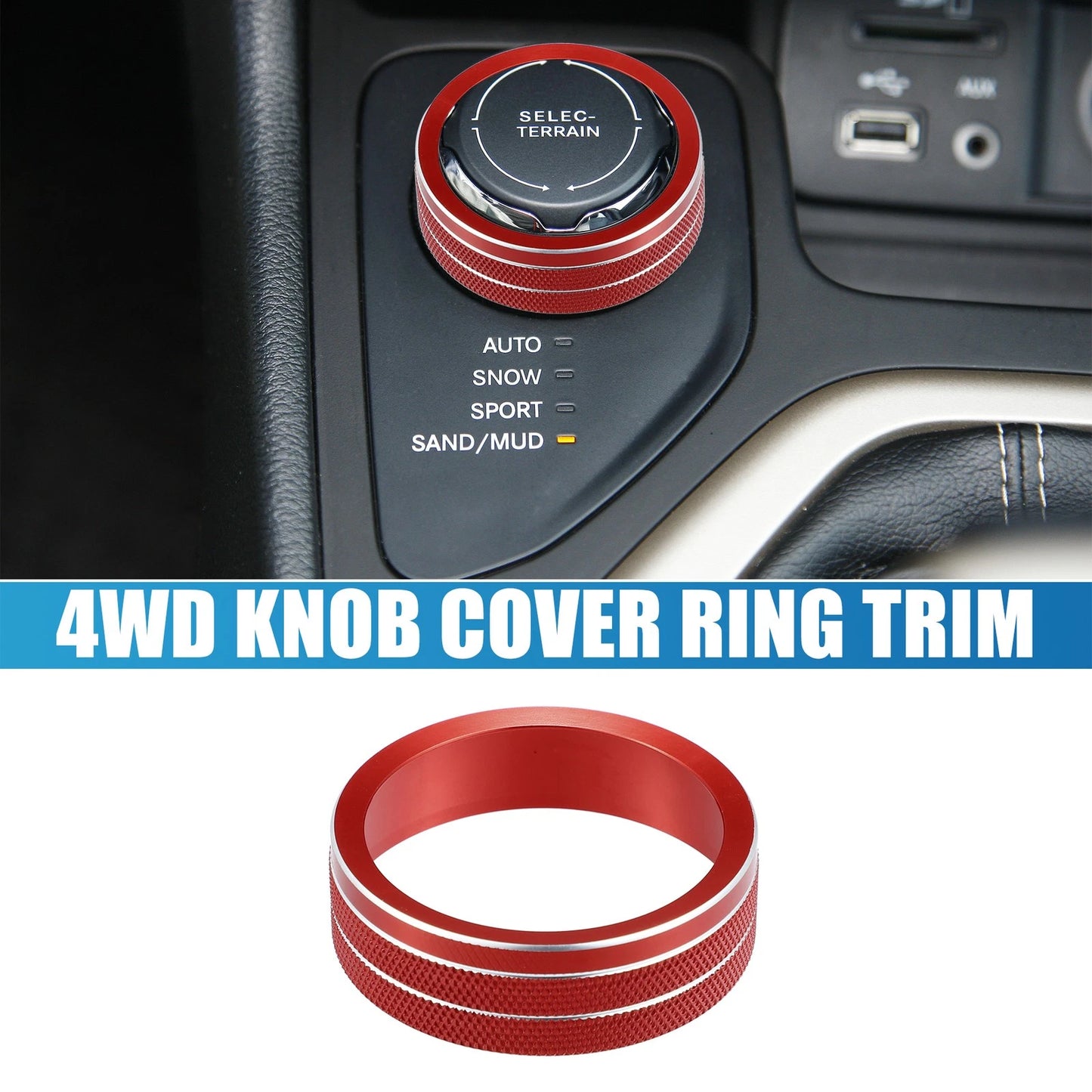 4WD Knob Cover Trim for Jeep Cherokee (2014–2021) & Compass (2017–2021) Red