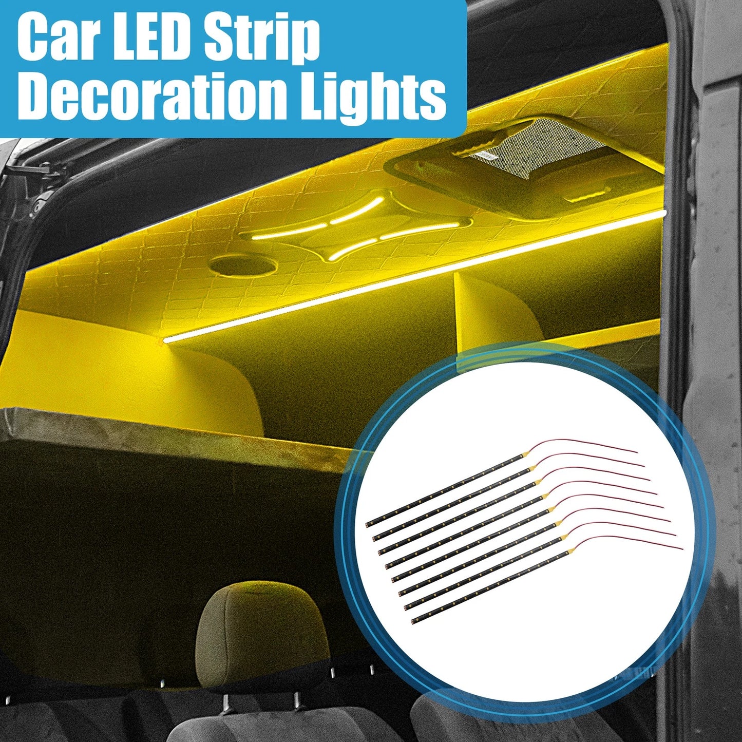 Set of 8 15 LED Strip Lights for Car Interior (12V, Yellow, 30cm)