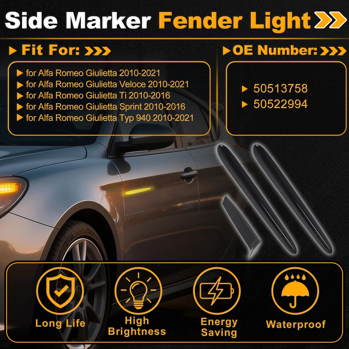 Side Marker Fender Light 50513758 for Alfa Romeo Giulietta (2010–2021) Smoked Lens