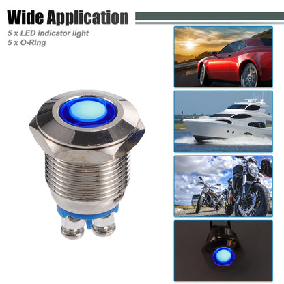 5 Pcs 12mm LED Waterproof Pilot Indicator Lights for Universal Use