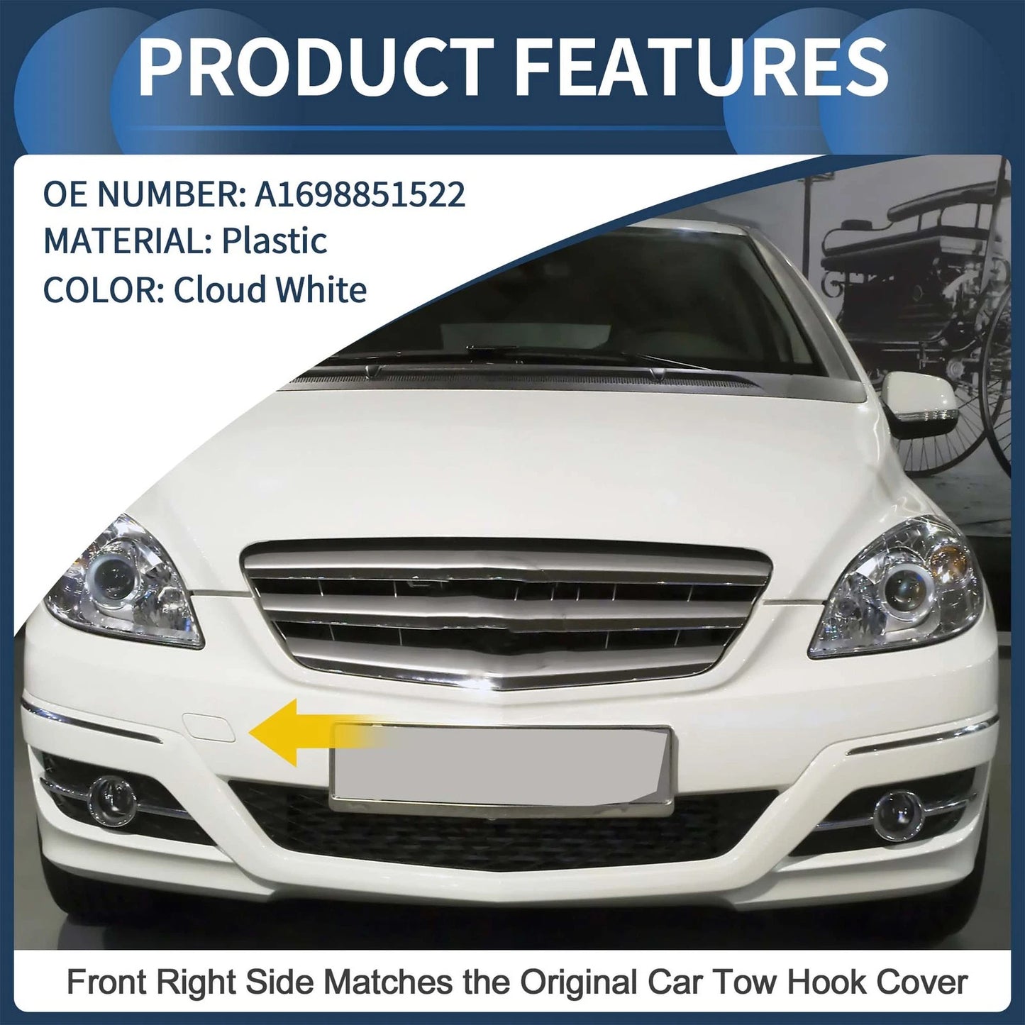 Front Bumper Tow Hook Cover for Mercedes-Benz B-Class (A1698851522) Cloud White