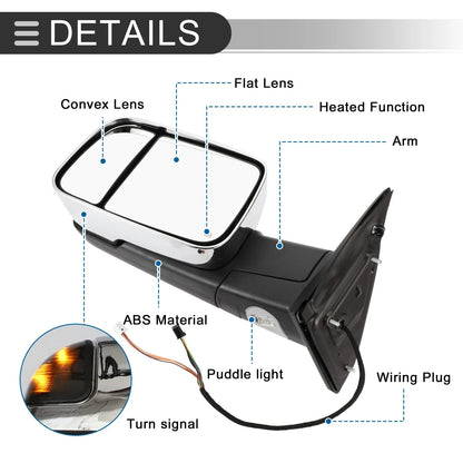 Tow Mirrors for Dodge Ram 1500 with LED Turn Signal Light Silver Tone (2009-2018)