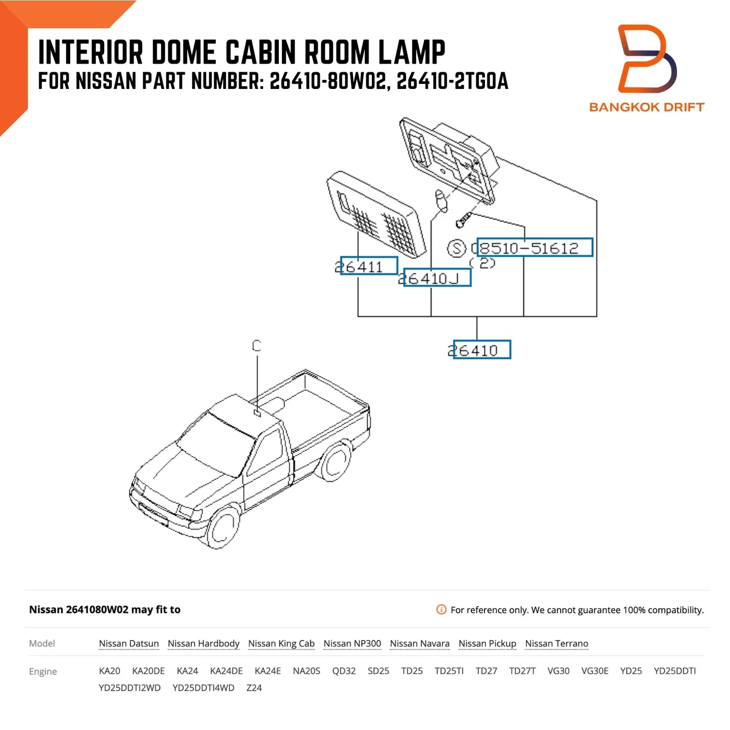 Dome Light Lamp for Nissan Navara D21 D22 King Cab Datsun 720 (1997-2006)