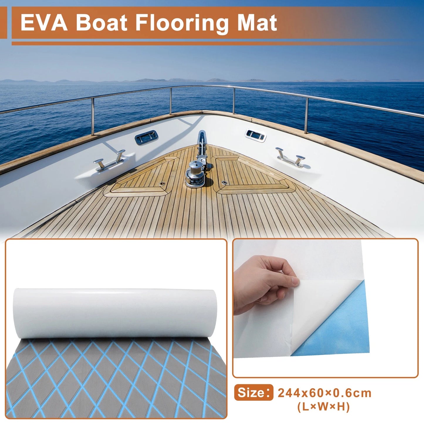 Self-Adhesive Boat Flooring Strip 96"L x 24"W Light Gray with Blue Line