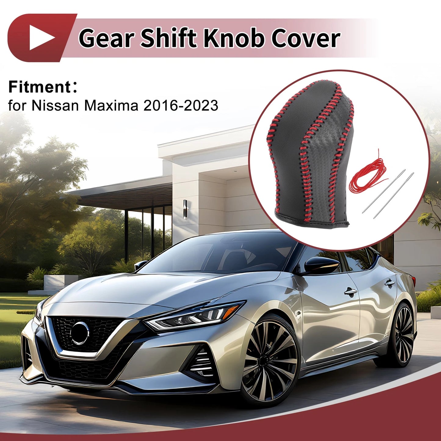 Gear Shift Knob Cover for Nissan Maxima (2016–2023) Black Red Faux Leather