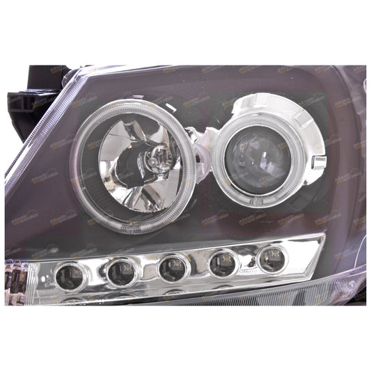2X LED Black Projector Headlights for Toyota Hilux (2005–2011) Angel Eye DRL