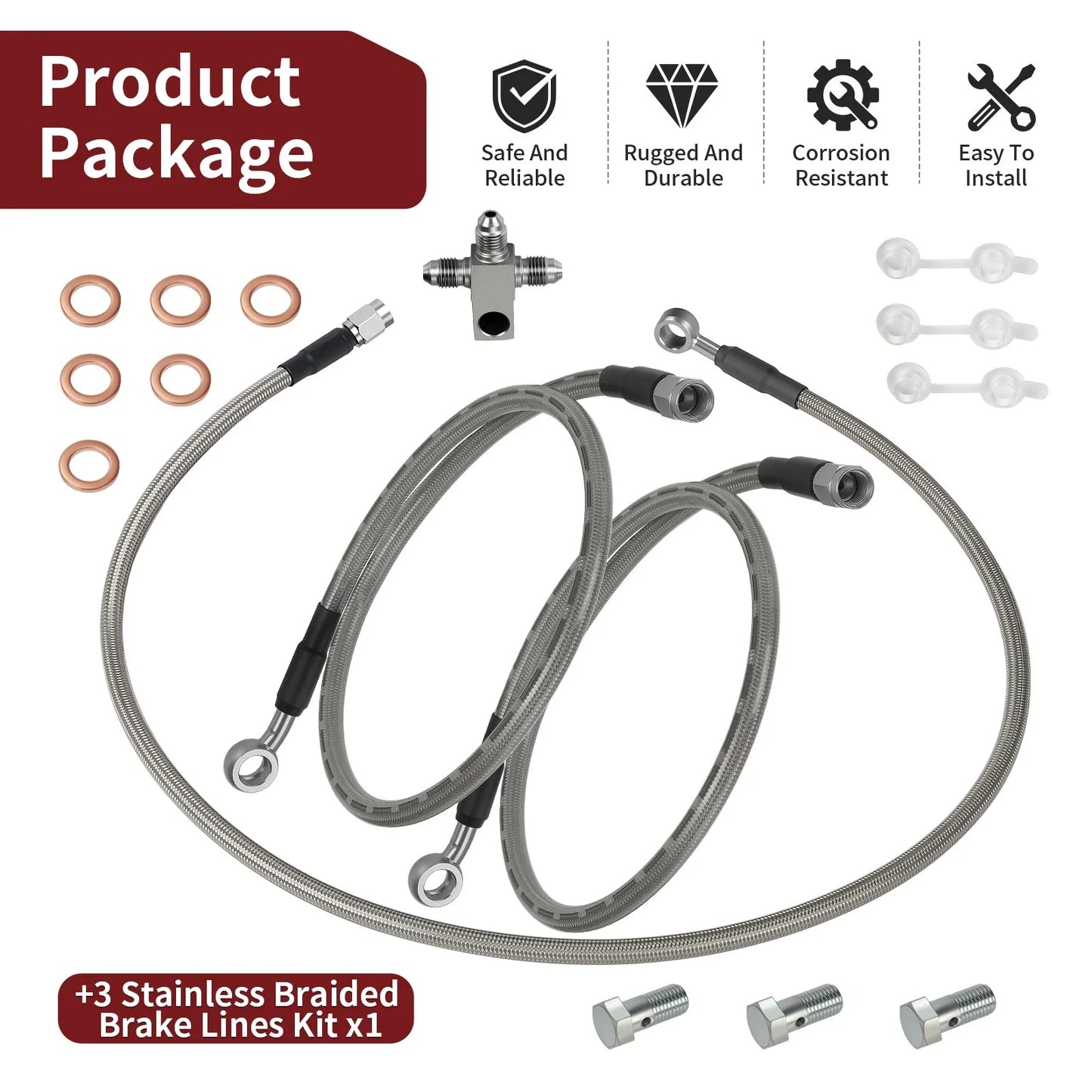 3 x Stainless Steel Braided Brake Lines Kit for Kawasaki KFX400 (2003–2004)