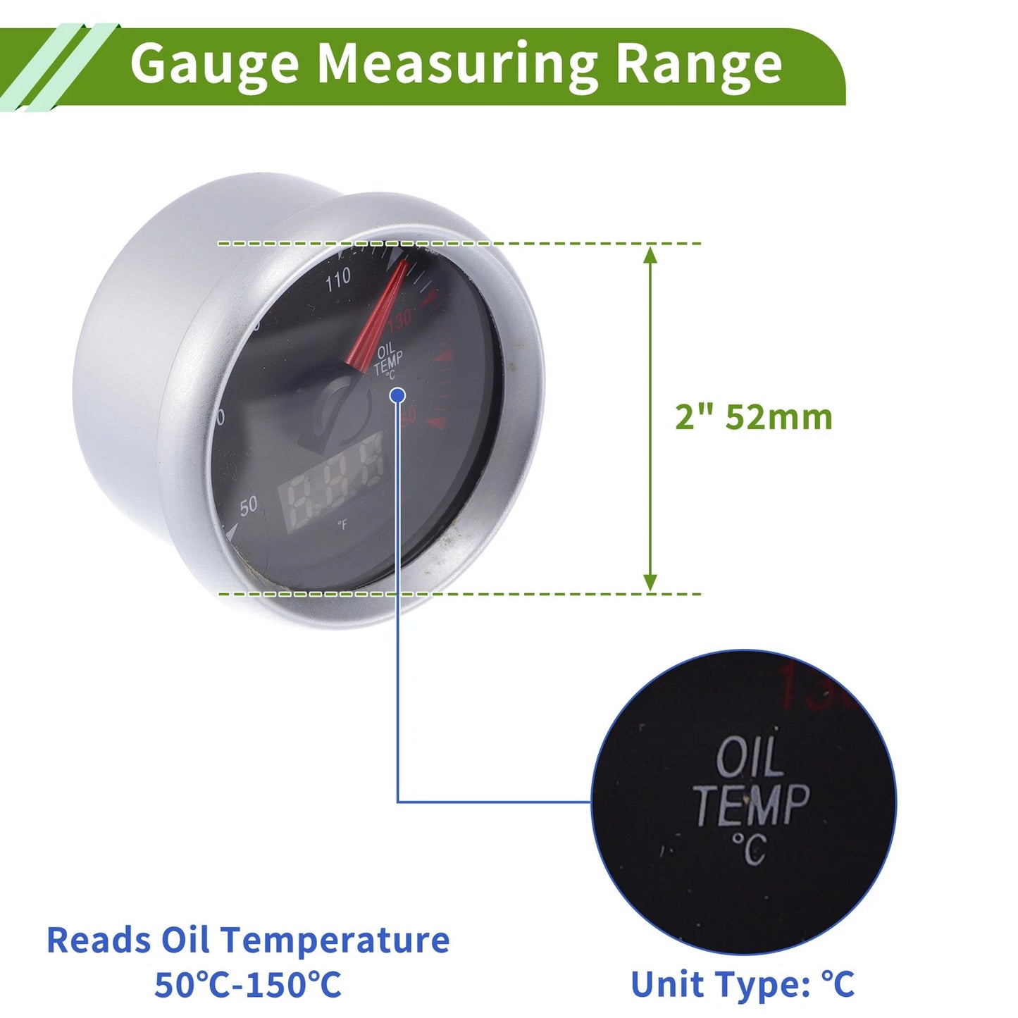 2" Oil Temp Gauge Meter Kit for Universal Vehicles (LED, Digital, Silver Tone)