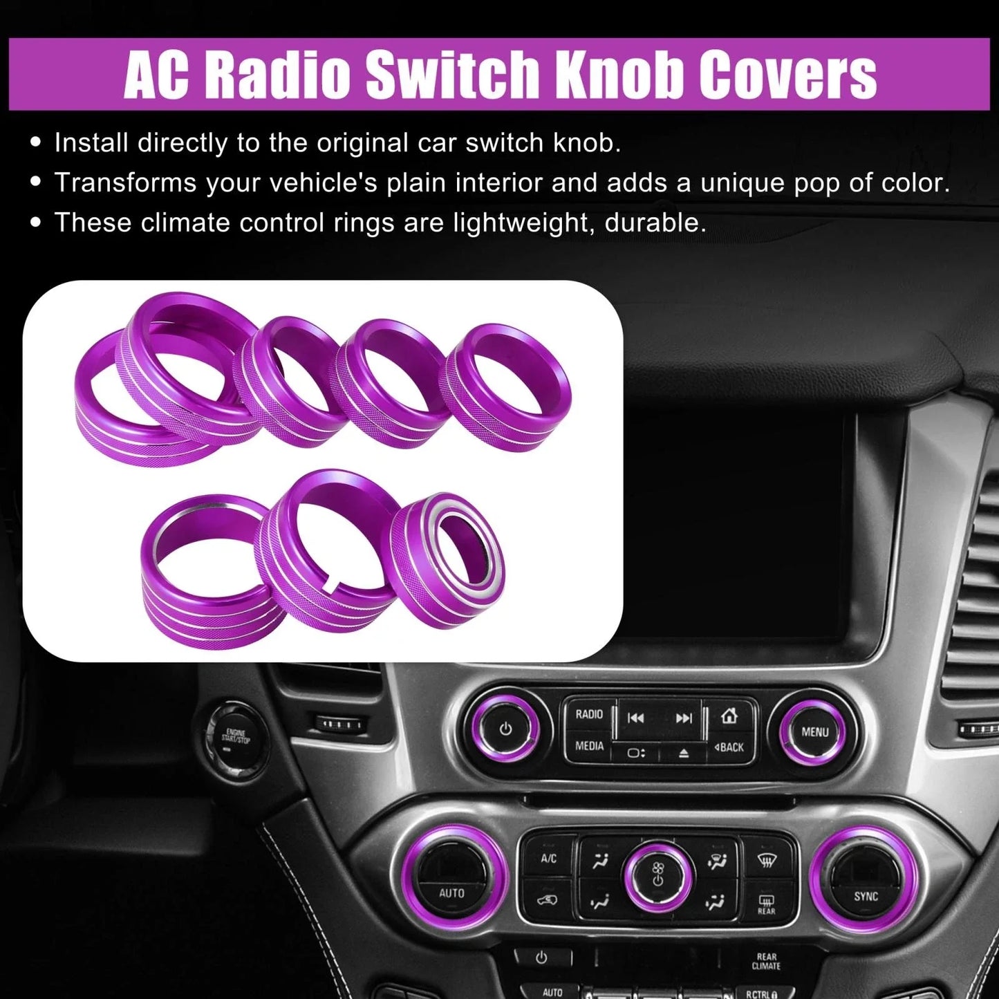 8 x Knob Covers Purple AC Switch for Chevy Silverado/GMC Sierra (2014-2018)