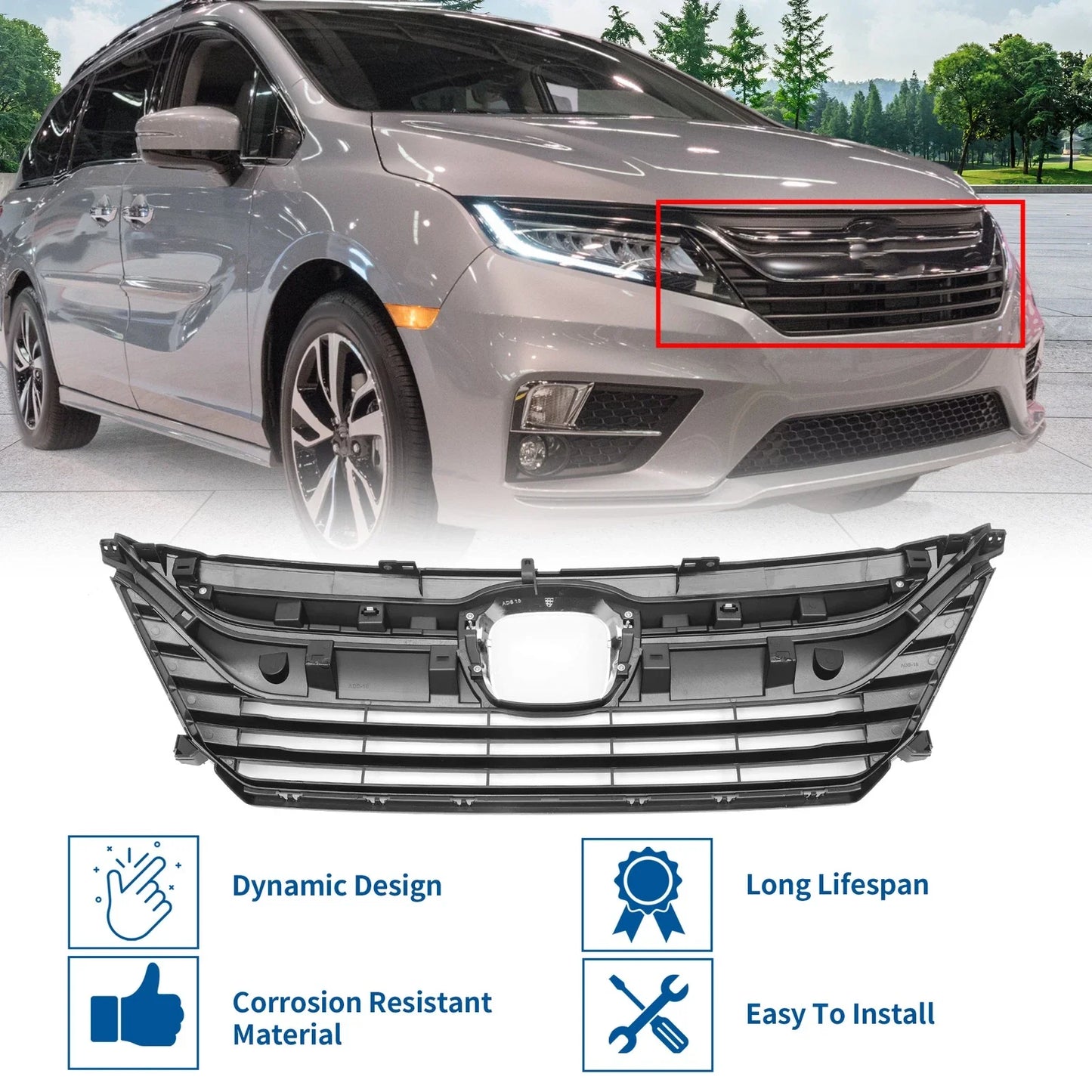Front Upper Bumper Grille for Honda Odyssey 2018-2020 Chrome Silver Tone 1 Set