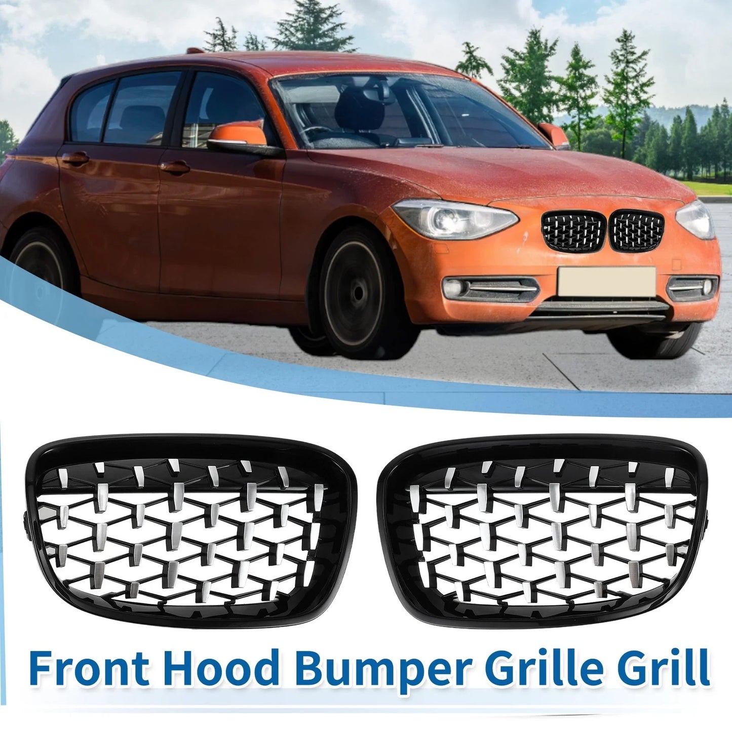 Front Upper Bumper Grille Grill for BMW 1 Series Half Chrome Silver Tone