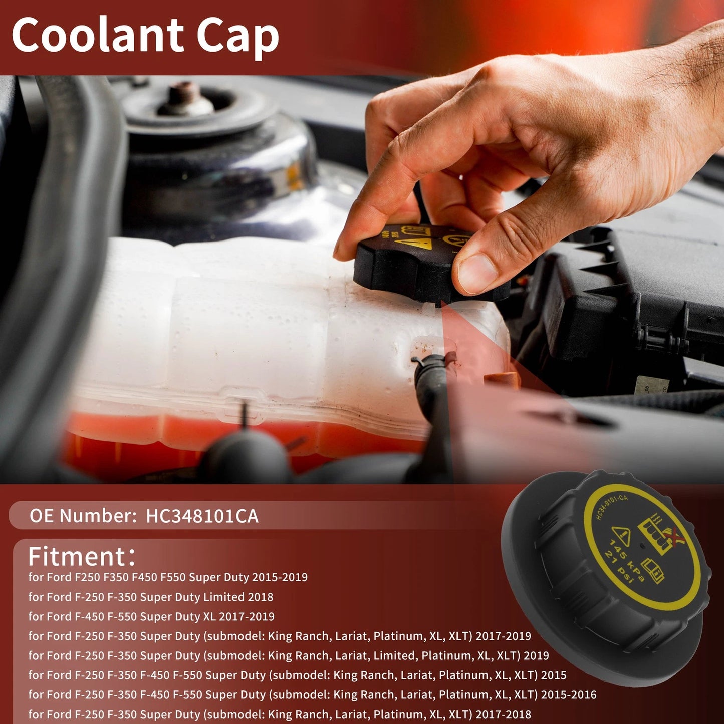 Coolant Cap for Ford F250 F350 F450 F550 Super Duty (2015–2019) No.HC348101CA Black