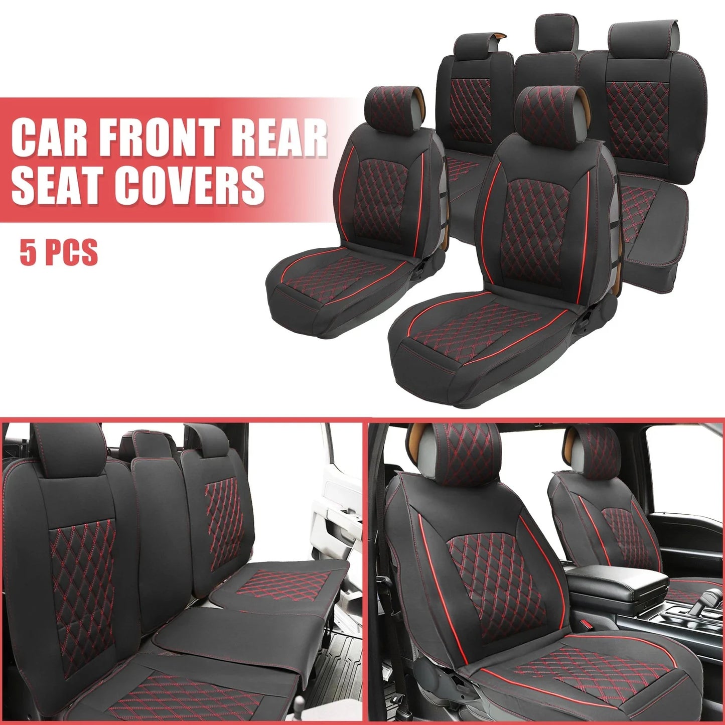 Car Front Rear Seat Covers for Dodge Ram 1500 2009-2023 Black Red 5 x Pcs