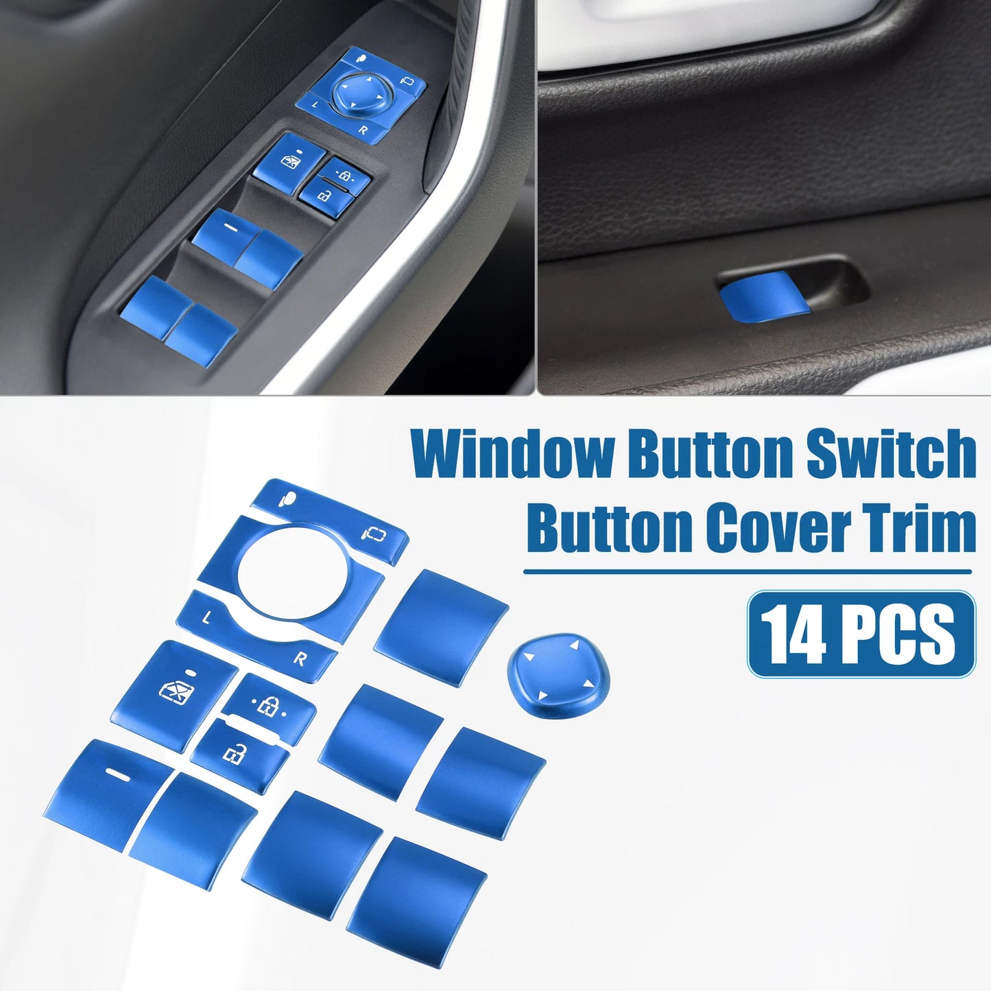 14 Pcs Window Switch Button Cover Trim for Toyota RAV4 (2019–2022) Aluminum Blue