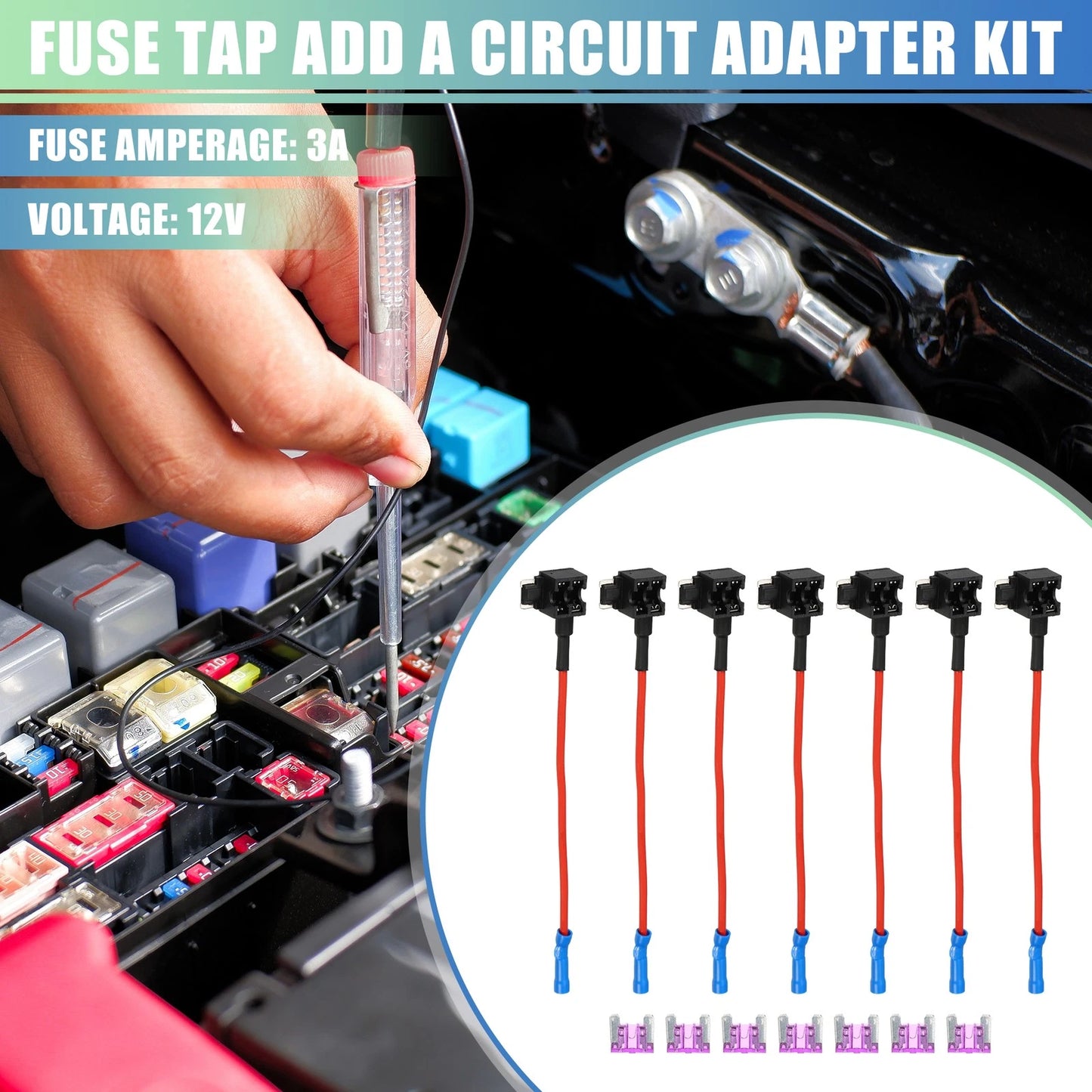 Set of 7 Car Fuse Taps for Universal Use with 3A Low Profile Mini APS Fuse