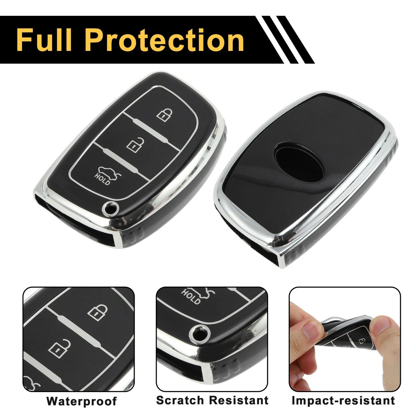 TPU Silicone Car Key Case for Hyundai i10 (2010–2023) - Black Silver Tone