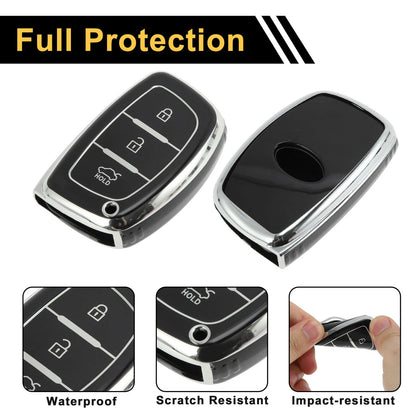 TPU Silicone Car Key Case for Hyundai i10 (2010–2023) - Black Silver Tone