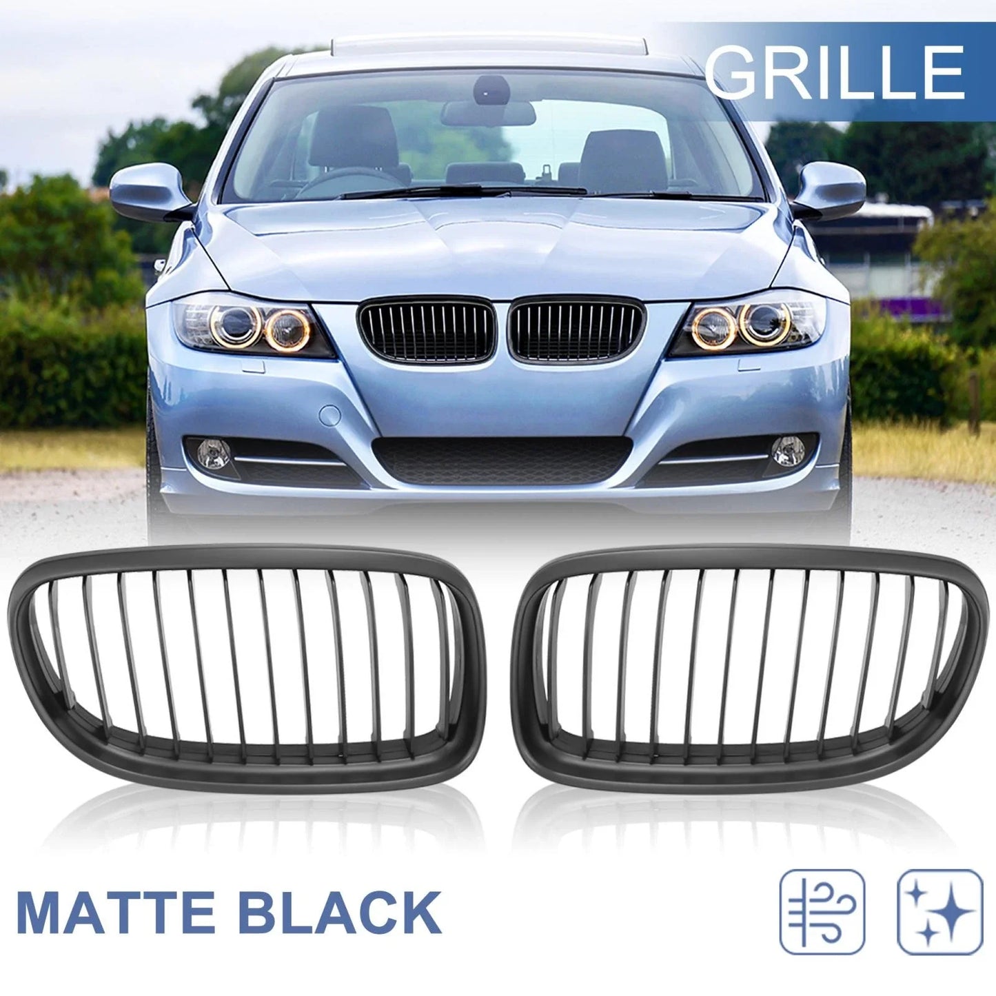 Pair Matte Black Front Grille Kidney for BMW E90 E91 (2009 - 2011)
