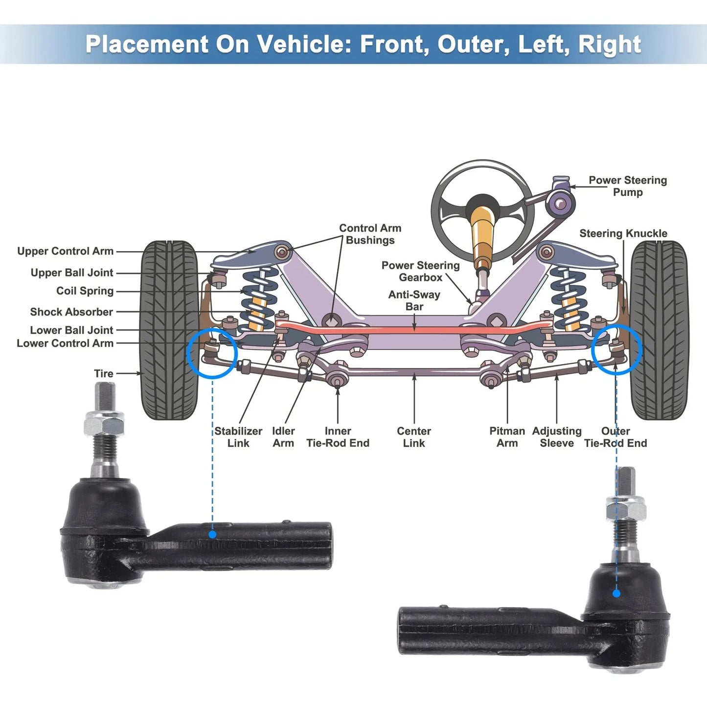 2 x Front Outer Tie Rod End Links for Dodge Dakota (2000-2004)