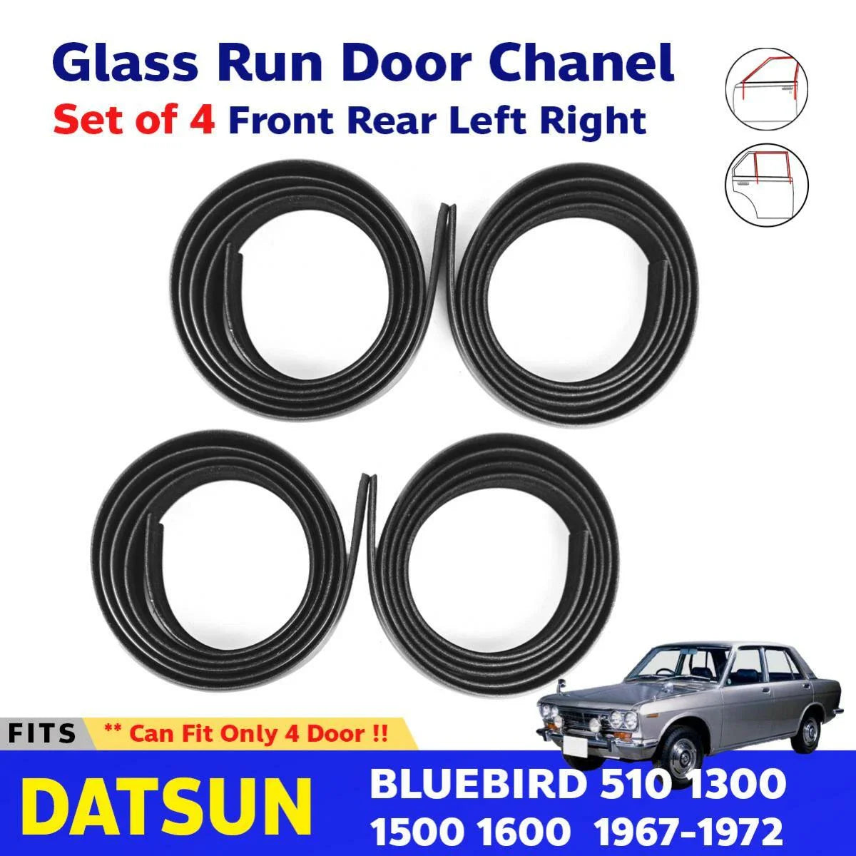 4x Glass Run Door Channel Felt Rubber Seal Fits Datsun Bluebird 510 4D 1600 SED