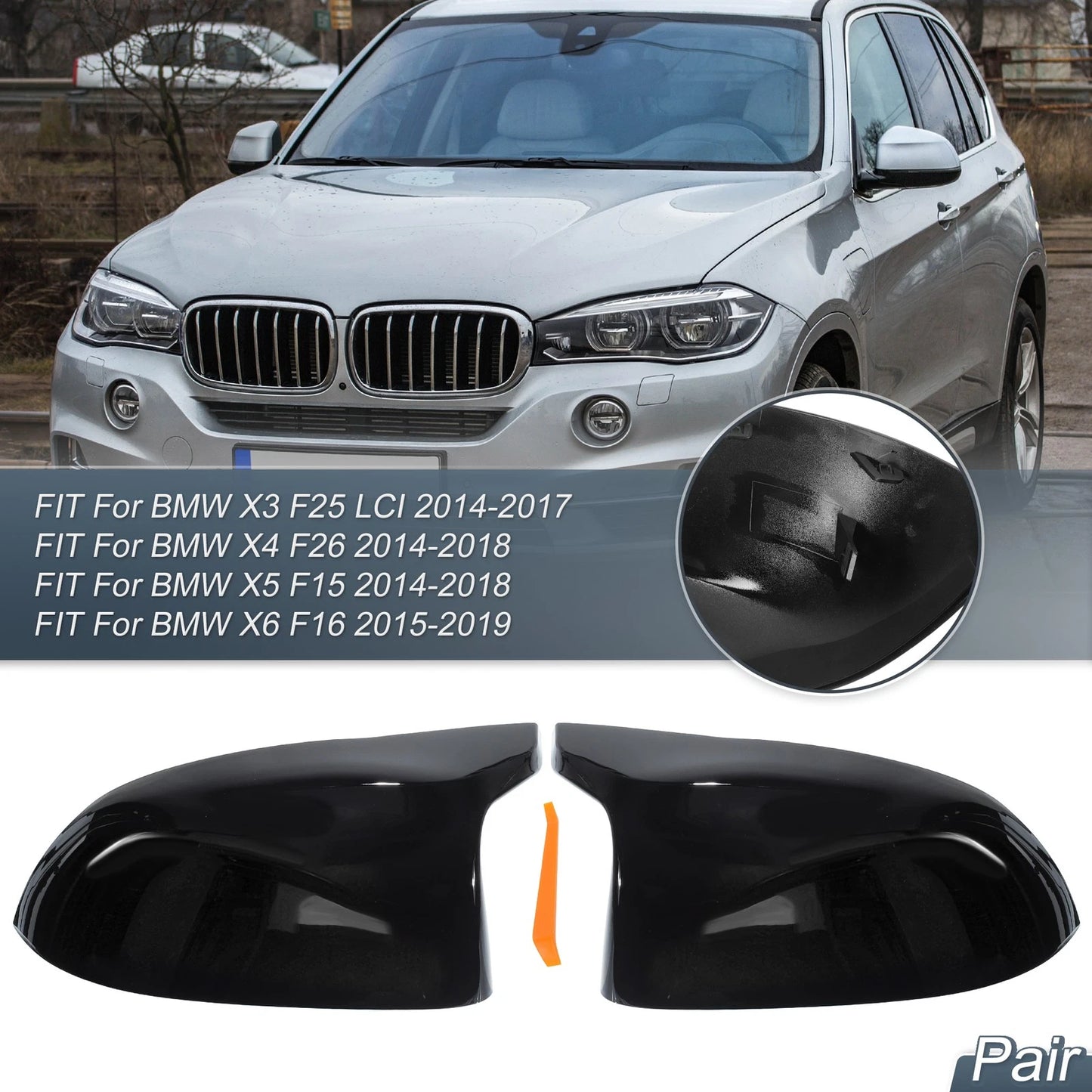 Door Mirror Cover Caps Gloss Black for BMW X5 F15 X6 F16 X3 F25 X4 F26 (2014–2019)