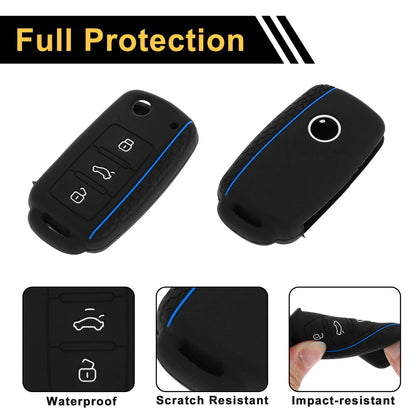 Silicone Car Key Case for VW Up (2011–2023) - Black Blue, 3 Buttons